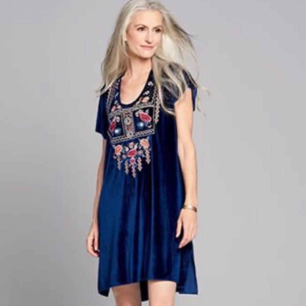 Beautiful NWOT Chelsea & Theodore Blue Velvet Floral Embroidered Dress